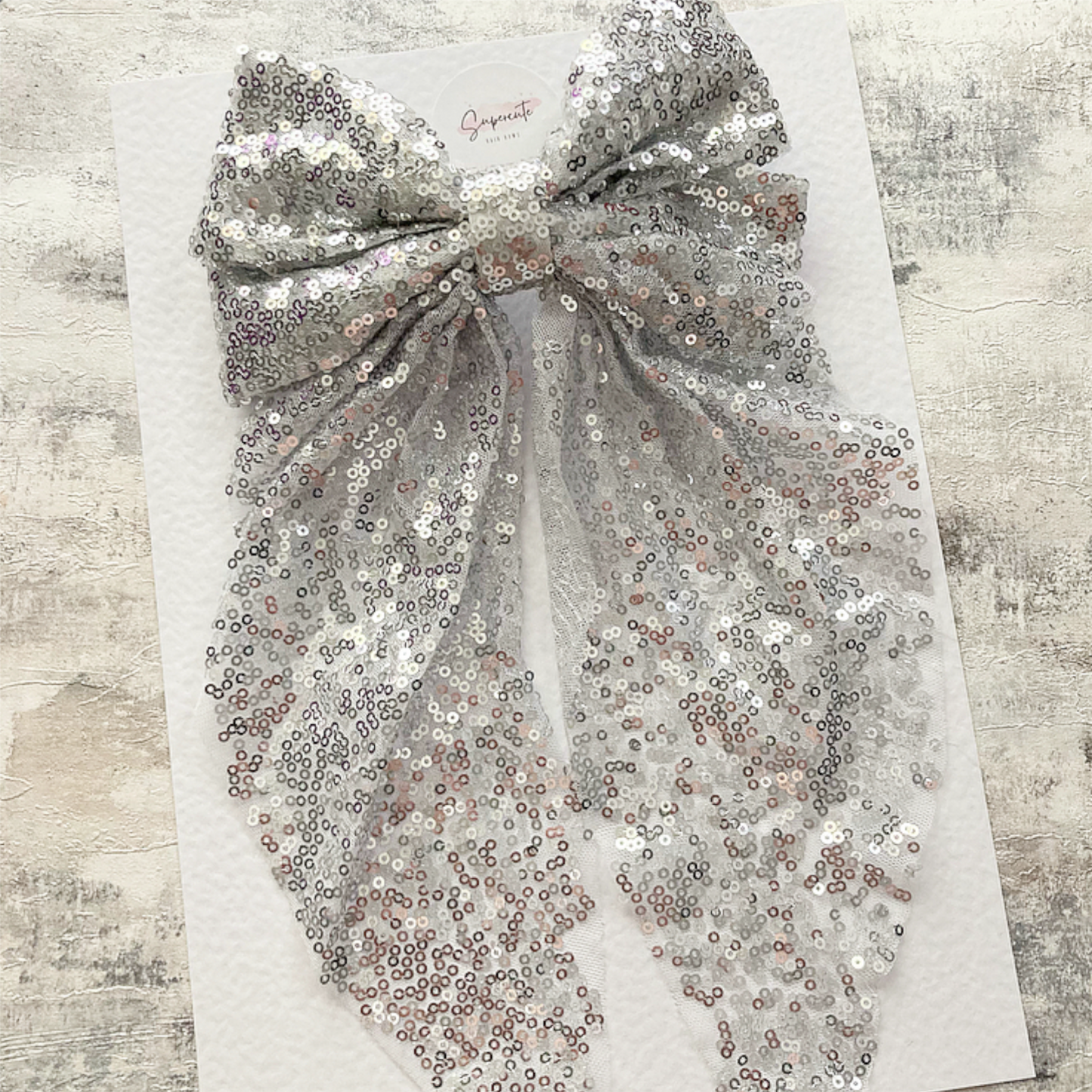 XL Silver Sequin Long Tail Hair Bow