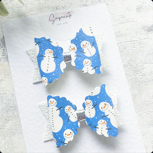 Blue Snowman Mini Pigtail Hair Bows