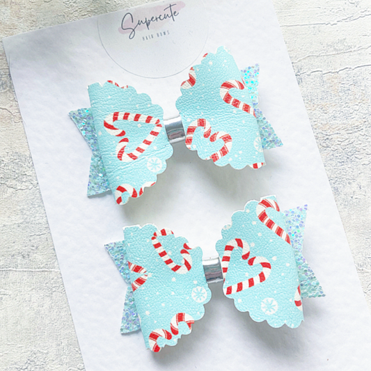 Aqua Candy Cane Pigtail Bows