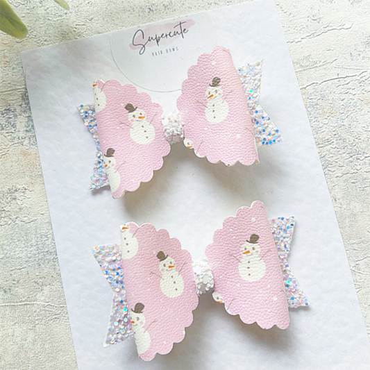 Pink Snowman Mini Pigtail Bows